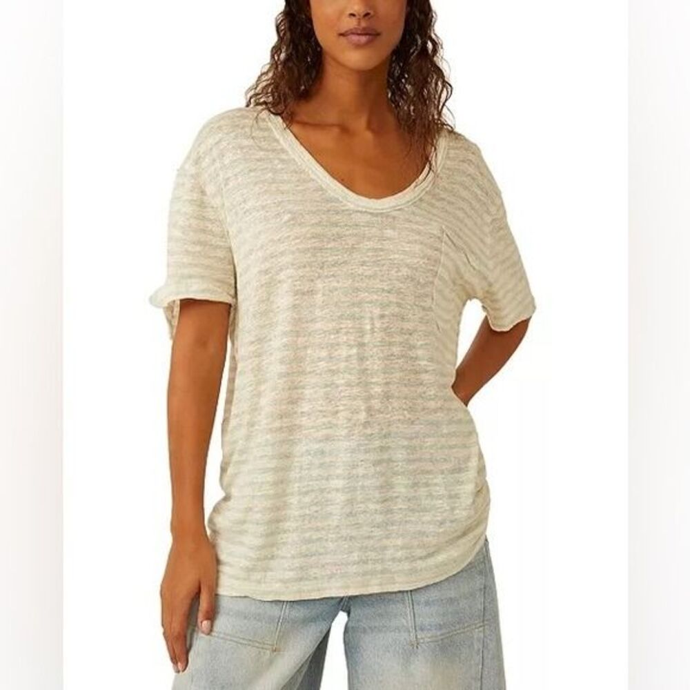 Free People All I Need Striped Short-Sleeve T-Shirt white aqua medium linen - Picture 11 of 12